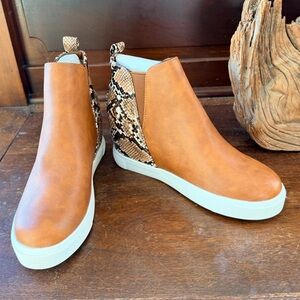 New! Tinstree Women's Tan Wedge Slip-On Ankle Booties with Snake-Print Accent